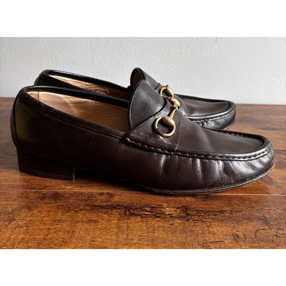 Gucci Vintage Dark Brown Leather Moc Toe Horsebit Dress Loafers Men’s Size 11.5D - Picture 1 of 16